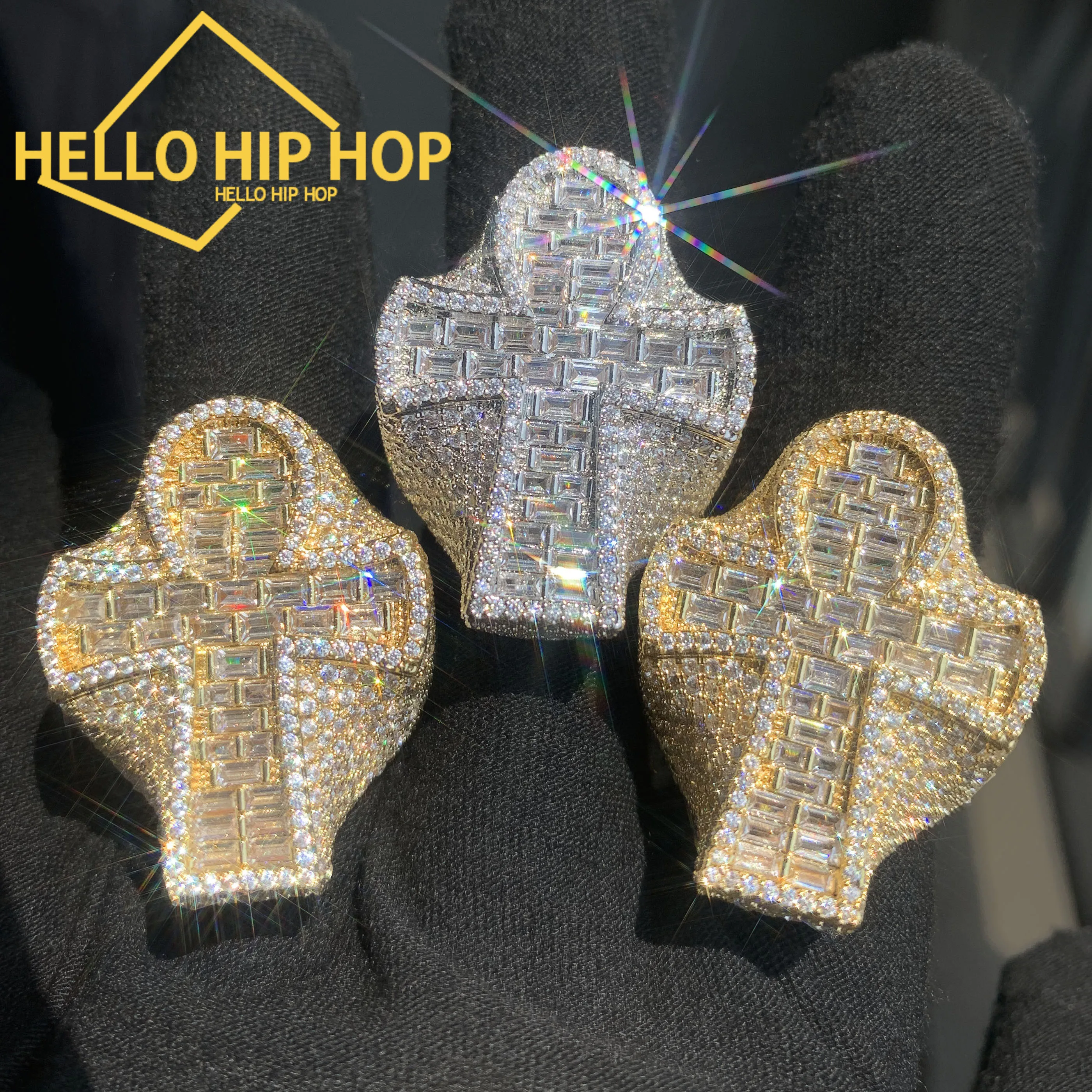 

HELLOHIPHOP Bling Cross Мужское кольцо Iced Out Багет Циркон Модные роскошные ювелирные изделия Золото Серебро Цвет Хип-хоп Кольца для подарка