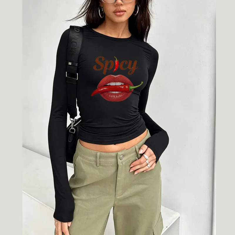 Red Spicy Lips Print Spring Autumn Women T-Shirt Causal Long Sleeve Crop Tops O Neck Pullovers Tees Slim Fit T Shirt