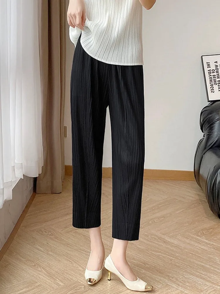 Summer 2026 New High Waist Women's Casual Pants Pleated Nine Points Slimming Loose Fit Versatile Polyester Fiber Straight Leg