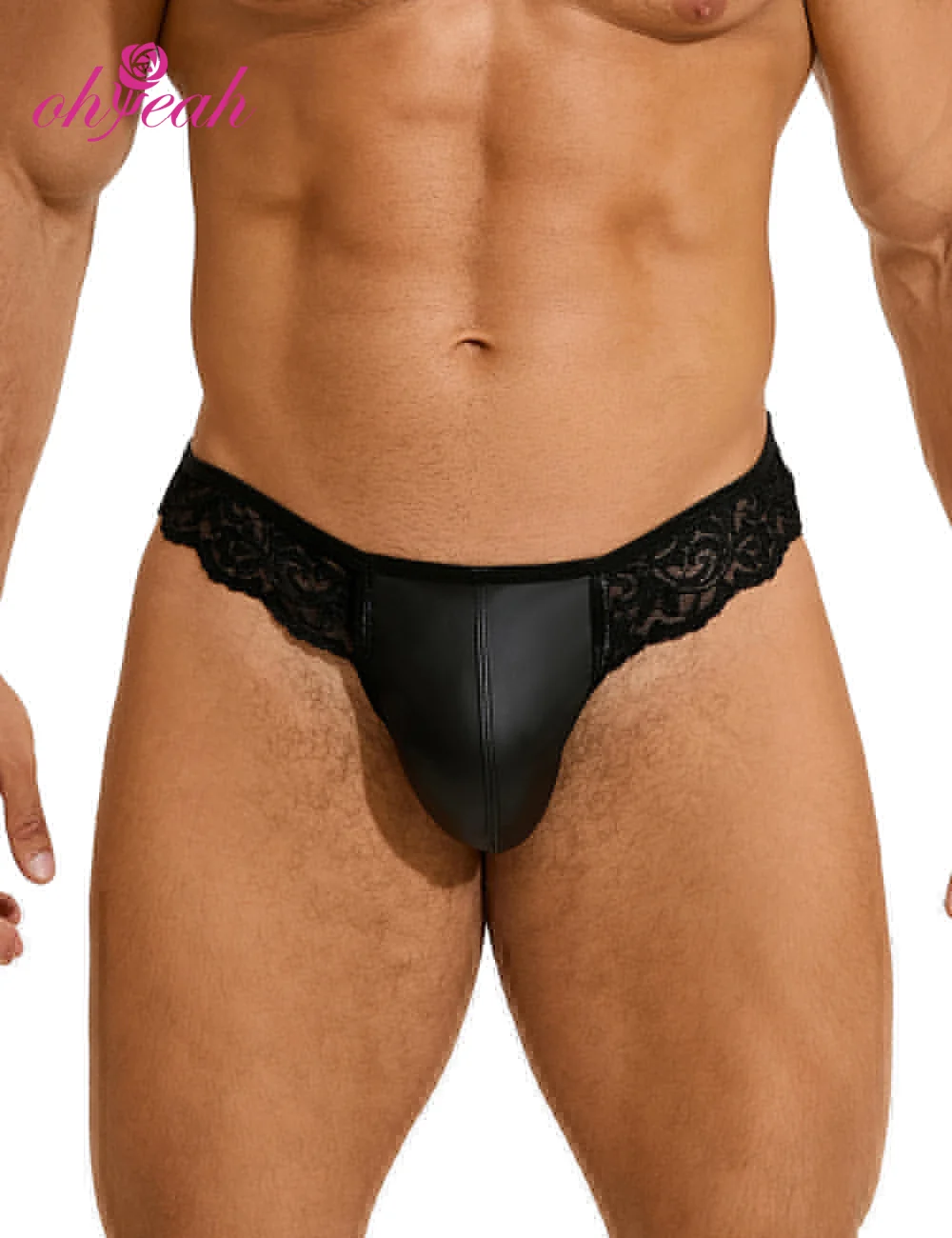 Black PU Leather Lace Men Thong Underwear Sexy U-Shaped Pouch Hollow Back Breathable Elastic Stretchy Plus Size