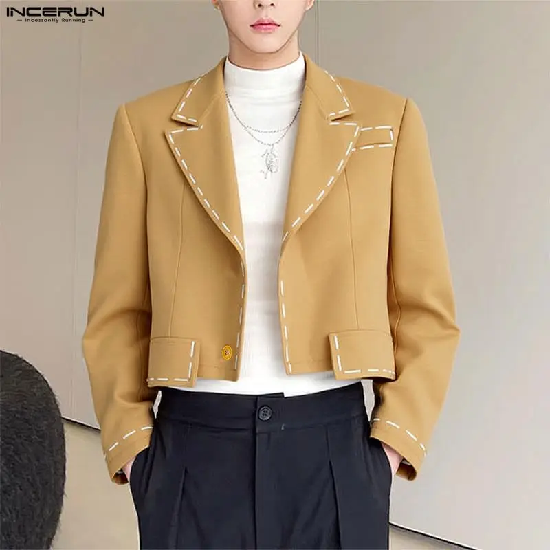 INCERUN Men Blazer Patchwork Lapel Long Sleeve One Button Casual Male Suit Streetwear Color-block Fashion Crop Blazer Men S-3XL