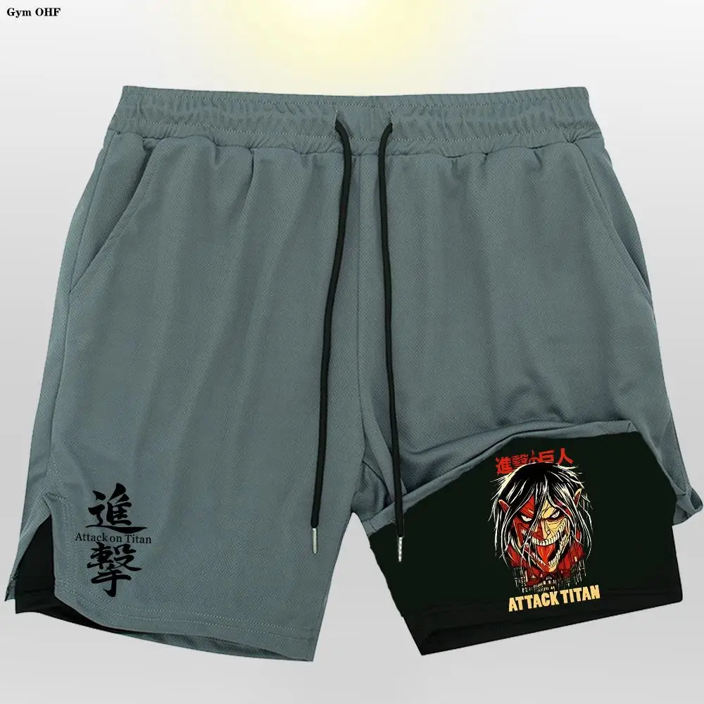 Men Running Shorts 2 In 1 Double Deck Quick Dry Gym Sportswear Fitness Workout Training Male Short Pants Anime Attack On Titan