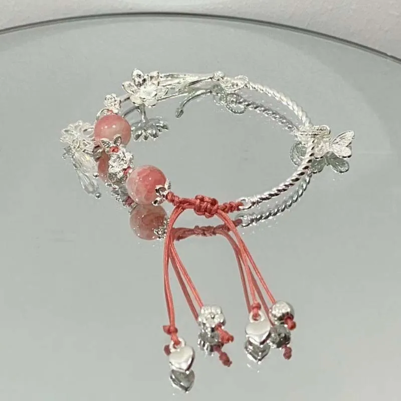 Chinese Style Pink Crystal Butterfly Pendant Bracelet For Women Girls Exquisite Sweet Beaded Charm Bracelets Jewelry Gifts