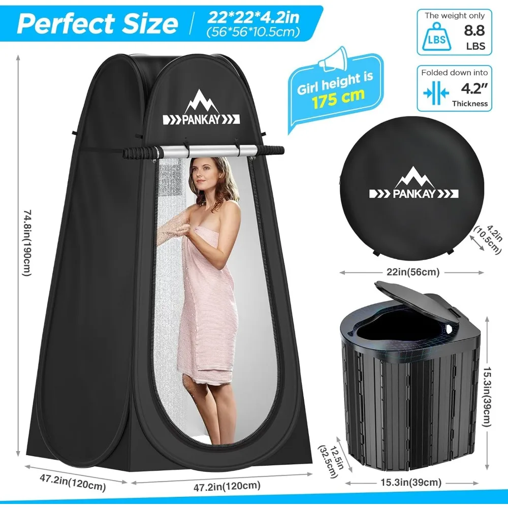 خيمة تواليت محمولة للخصوصية منبثقة للبالغين - قعادة تخييم مقاس XL مع دش خارجي وخيمة تغيير