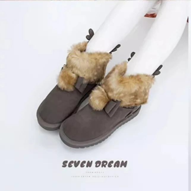 Little Elk Original Short Non-slip Snow Boots Women's Fleece Thickened Japanese Cute Lolita Shoes  Artificial Short Plush Shoes