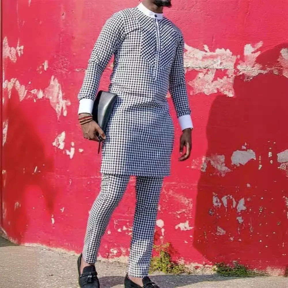 Men\'s chic casual black geometric print two-piece suit
