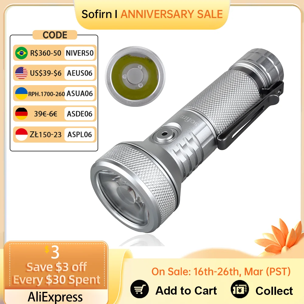 Sofirn IF22A Silver Color 2100lm EDC Flashlight SFT40 LED Powerful Light 629M Long Range 21700 3A USB C Rechargeable Throw Torch