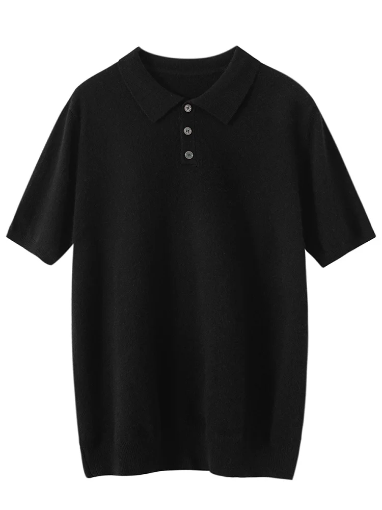 2024 primavera verão masculino 100% camisola de caxemira gola polo manga curta pulôver inteligente casual malhas tricô macio novo topo