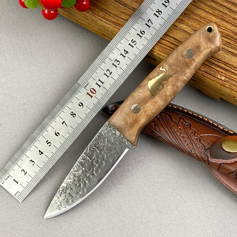 

Дамасская сталь, уличные прямые ножи, ножи ручной работы высокой твердости, портативный инструмент для кемпинга, ножи с рисунком быка, деревянная ручка