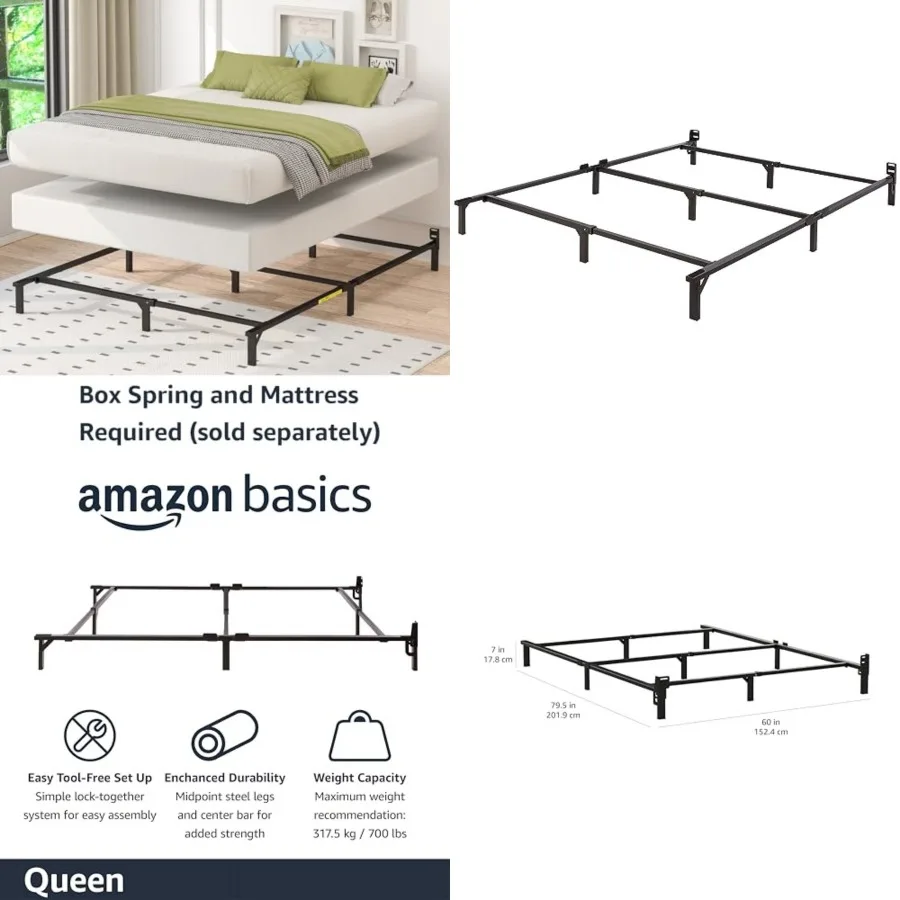 

Metal Bed Frame, 9-Leg Support Base for Box Spring and Mattress, Size, Tool-Free Easy Assembly, 79.5" L x 59.5" W x 7" H, Black