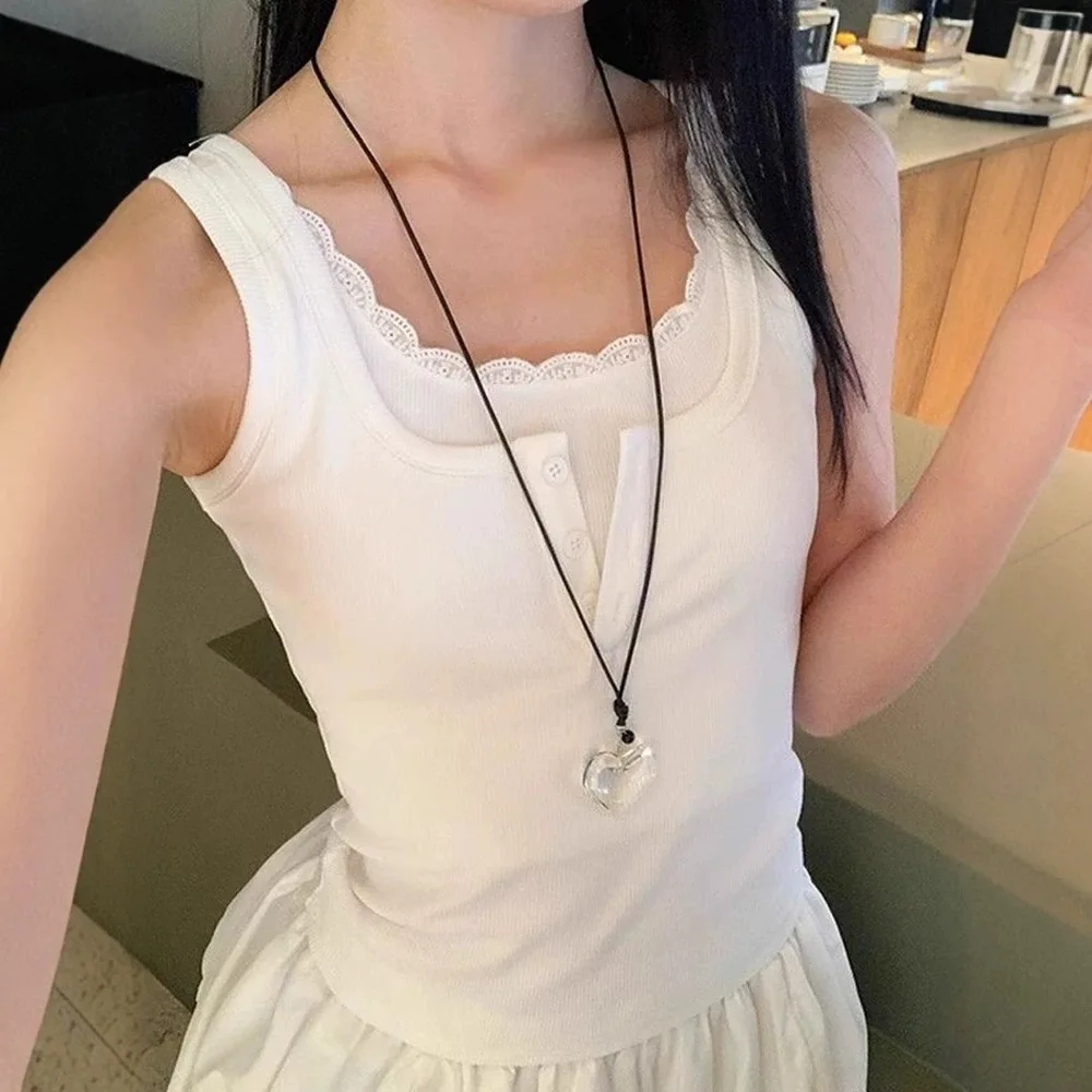 Lace Trim Button Cami Top Fake Two-Piece Slim Fit Short Hot Girl Style Sleeveless Top Spring Layering Crop Top Ins Fashion