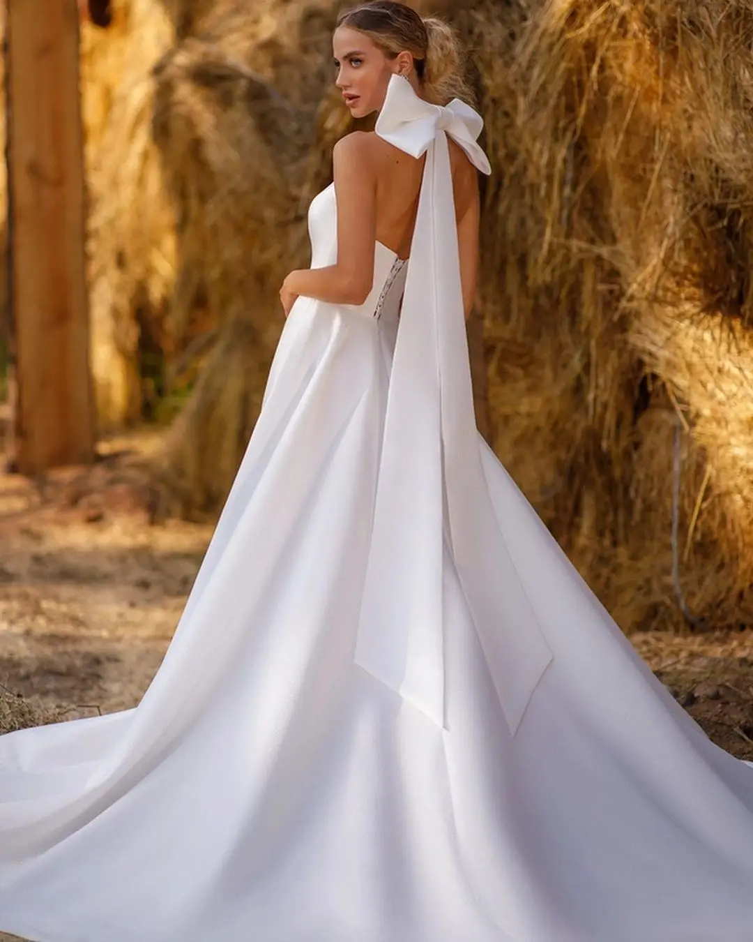 custom High Quality Satin A-line  Wedding Dress with Pearl Bow High Neck Leg Split Bride Photography Gown Amanda Novias