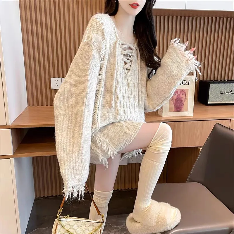 Hsa Autumn and winter new medium length Fried Dough Twists loose tassel V-neck lace up sweater slouchy knit top