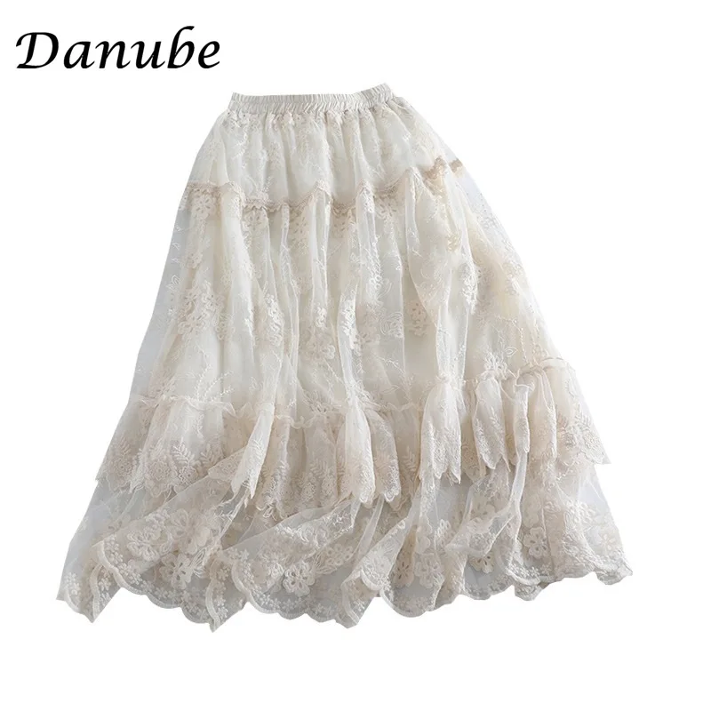 Vintage Mori Lace Tulle Skirt for Women Spring Summer Japanese Elegant High Waist Puffy Cake Tutu Skirt faldas largas para mujer