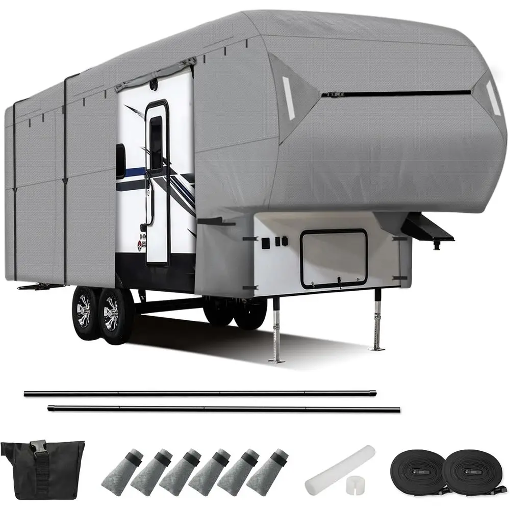 

Чехлы для автофургона на 5-й колесах подходят для дома на колесах 29-33 дюйма, толстый 5-слойный верх с защитой от ультрафиолета, ветрозащитный чехол для кемпера с 2 вспомогательными стойками