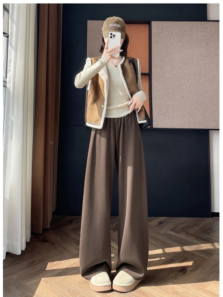 عالية الجودة الكشمير Sweatpants النساء 2025 خريف شتاء عالية الخصر ثنى بنطلون أنثى مستقيم واسعة الساق بنطلون رياضي ZT310 #1