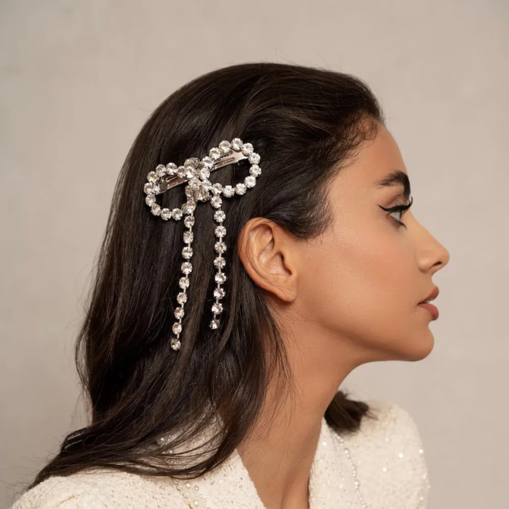 

Fashion Vintage Ponytail Hair Clip Elegant Luxury Rhinestone Bow Hairpins Shiny Jewelry Accessories Tassel Spring Clip Women