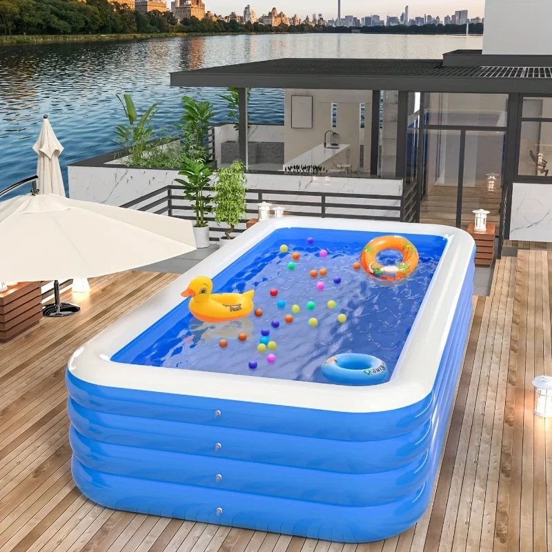 Full-Sized Inflatable Swimming Pool - 145x73x28 inch, 4-Ring Thick PVC Rectangular Pool with Multiple Components,Indoor/Outdoor