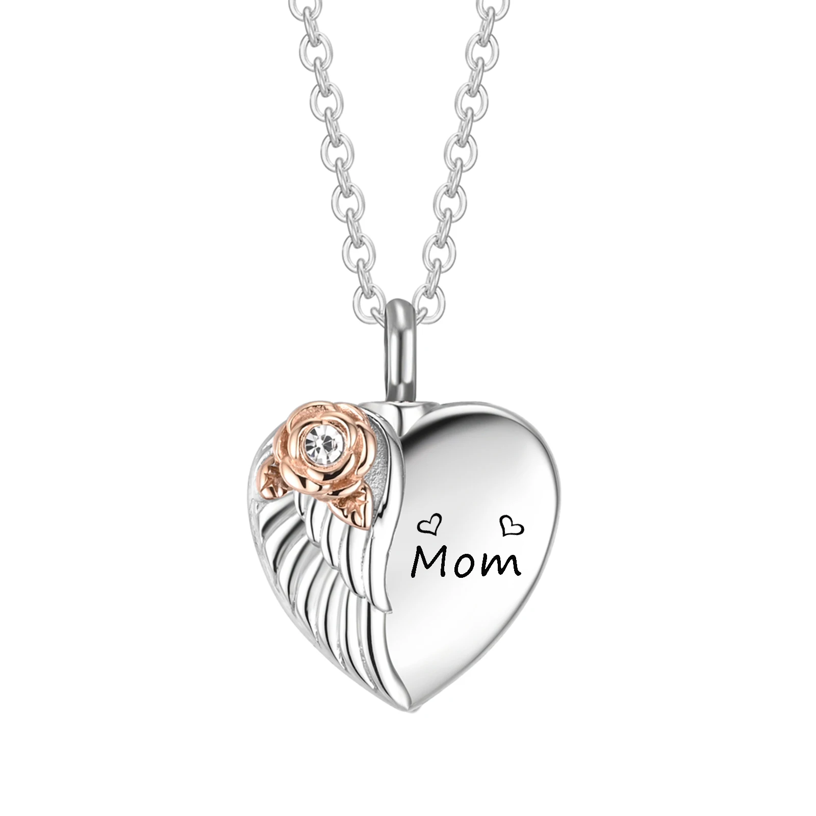 New Heart-shaped Angel Wing with Rose Urn Pendant Stainless Steel Waterproof Necklace for Ashe Cremation Jewelry Wholesale