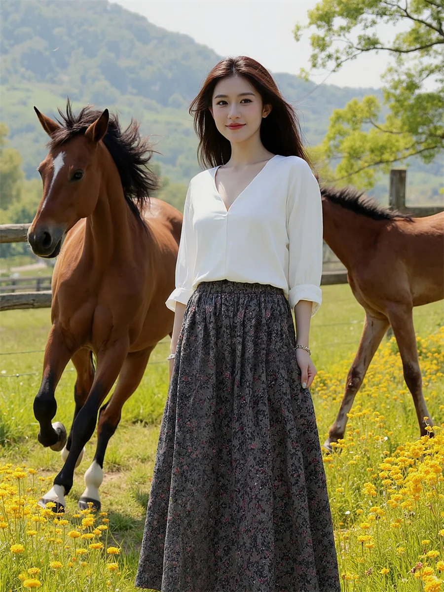 الأزهار المطبوعة ألف خط التنانير النسائية الدانتيل متابعة الكرة ثوب شبكة كعكة الطية الخصر زين الكلاسيكية عطلة الكلية لطيف البوهيمي