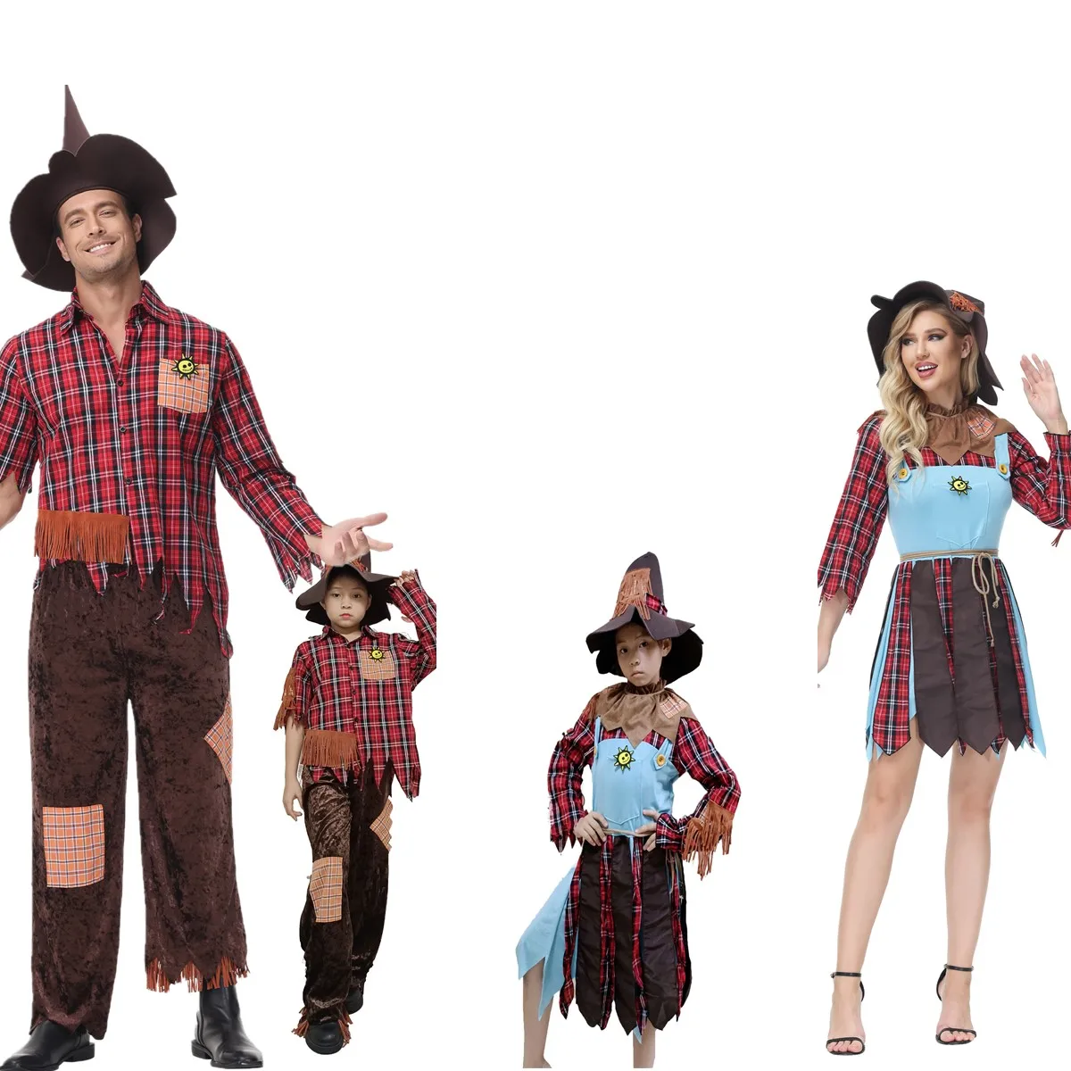 

Halloween Day of the Dead Anime Wizard Scarecrow Parent-Child Costume Carnival Party Creepy Patchwork Plaid Clown Cosplay Dress