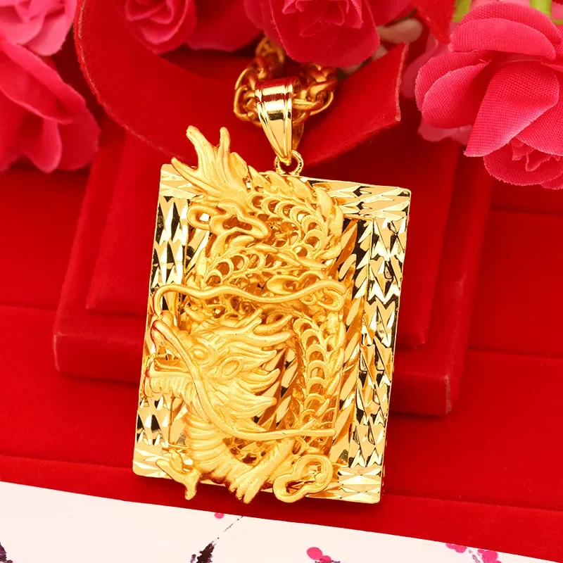 Rectangle Cut 14 k Yellow Gold Pendant For Men Retro Embossed Dragon necklace Pendant Wedding Birthday Gift Jewelry No Chain