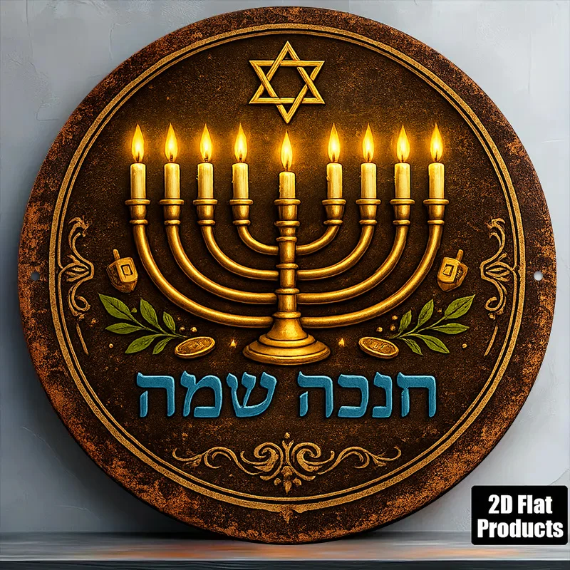 CIFBUY Vintage Hanukkah Menorah Aluminum Wall Art Waterproof Wearproof 2D Flat Round Metal Sign Home Dining Room Kitchen Decor