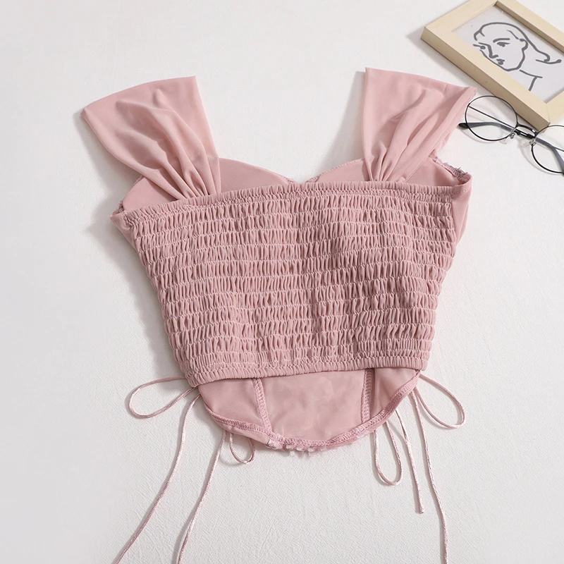 Women Bandage Sexy Lace Strapless Irregular Tops Solid Pleated Crop Tops With Bra Pad 2024 Women Summer Backless Slim Tank Tops