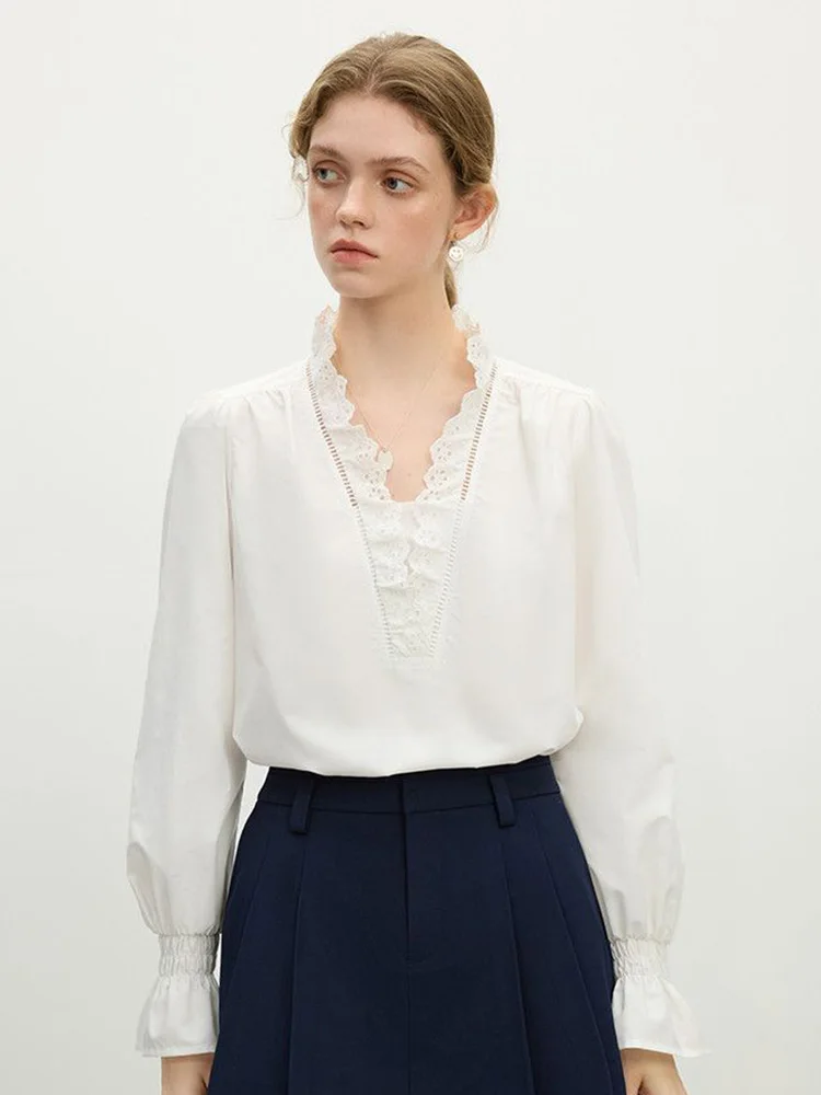 Kant Patchwork Wit Shirt Dames Vintage Amerikaanse Lente Lange Mouw Sexy V-hals Blouse Casual Losse Preppy Stijl Elegante Tops