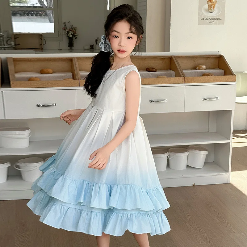 Girls' Summer Gradient Dress Premium Sleeveless Princess Outfit for Kids High-End Fashion Vest Style Gown Elegant Sundress 2025