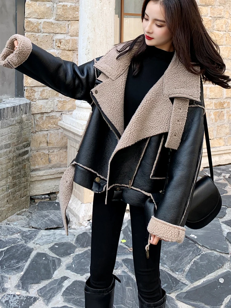 

Женское байкерское пальто на меховой подкладке с воротником-стойкой Long Sve Street Sle, свободное кожаное пальто, зимний дизайн, большой отворотный воротник