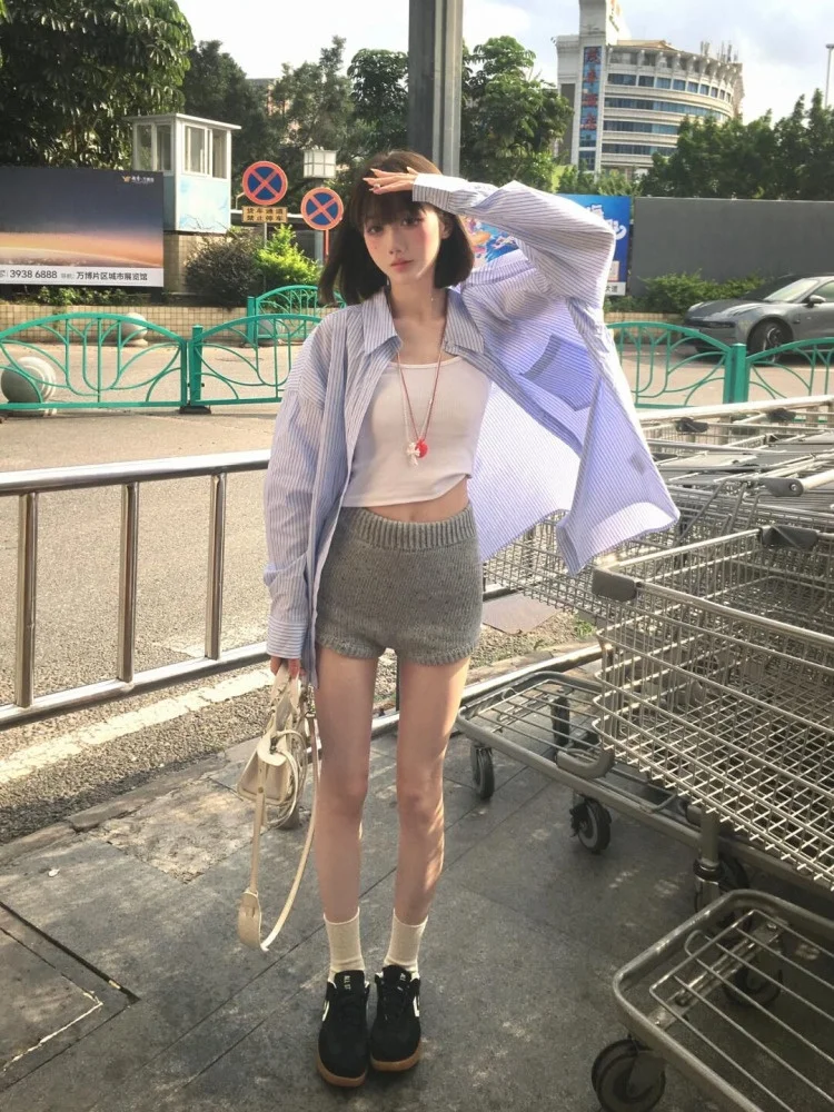 Bleu décontracté rayure longue Sve irt femmes été coréen Sle Protection solaire haut Faionable polyvalent coupe ample Ne