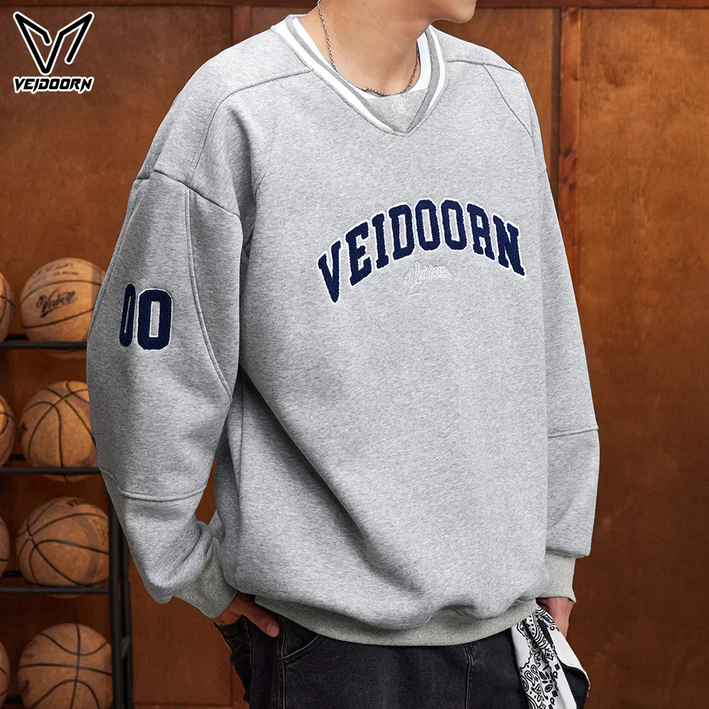 Veidoorn Men V-Neck Pullover Sweatshirt Oversized Loose Fit Casual Streetwear Fall Winter Comfortable Long Sleeve Top