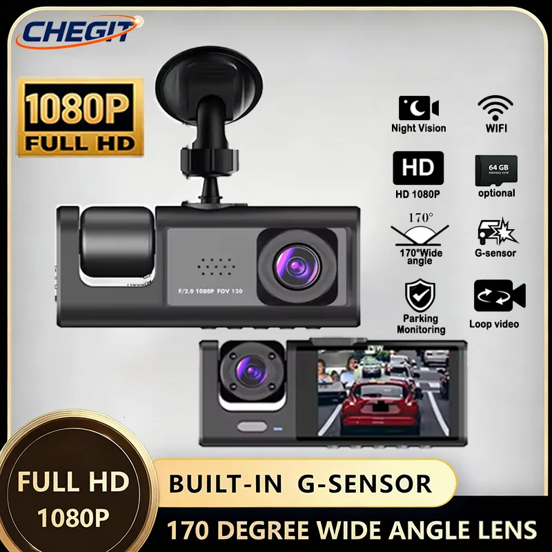 2 "IPS شاشة 1080P 3 كاميرا مسجل DVR مسجل فيديو مركبة DVR داش كام ث/الأشعة تحت الحمراء للرؤية الليلية حلقة تسجيل