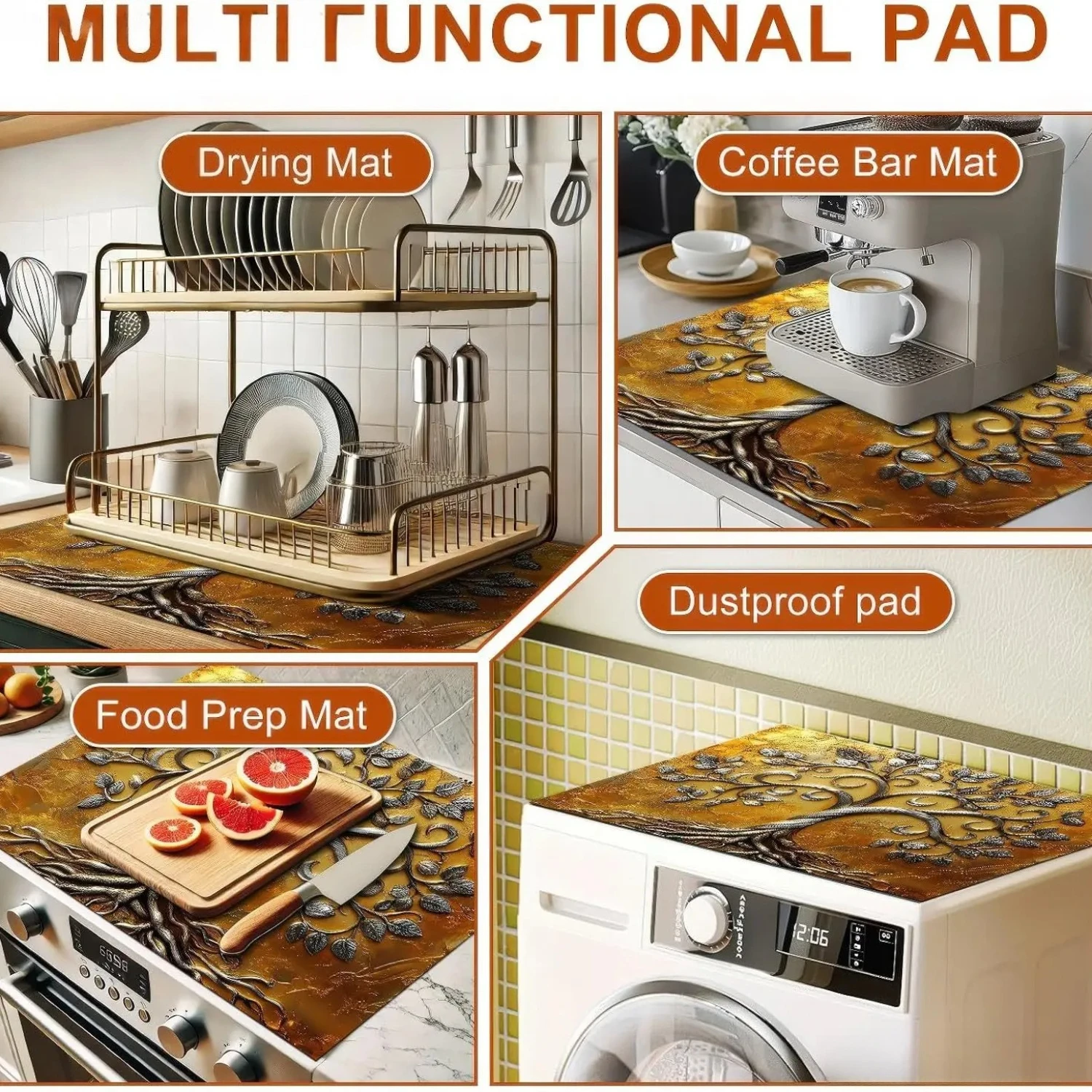 Silver Tree of Life Diatomite Stove Top Cover Heat Resistant Non Slip Mat for Electric Cooktop Coffee Maker Sink Decor Pad