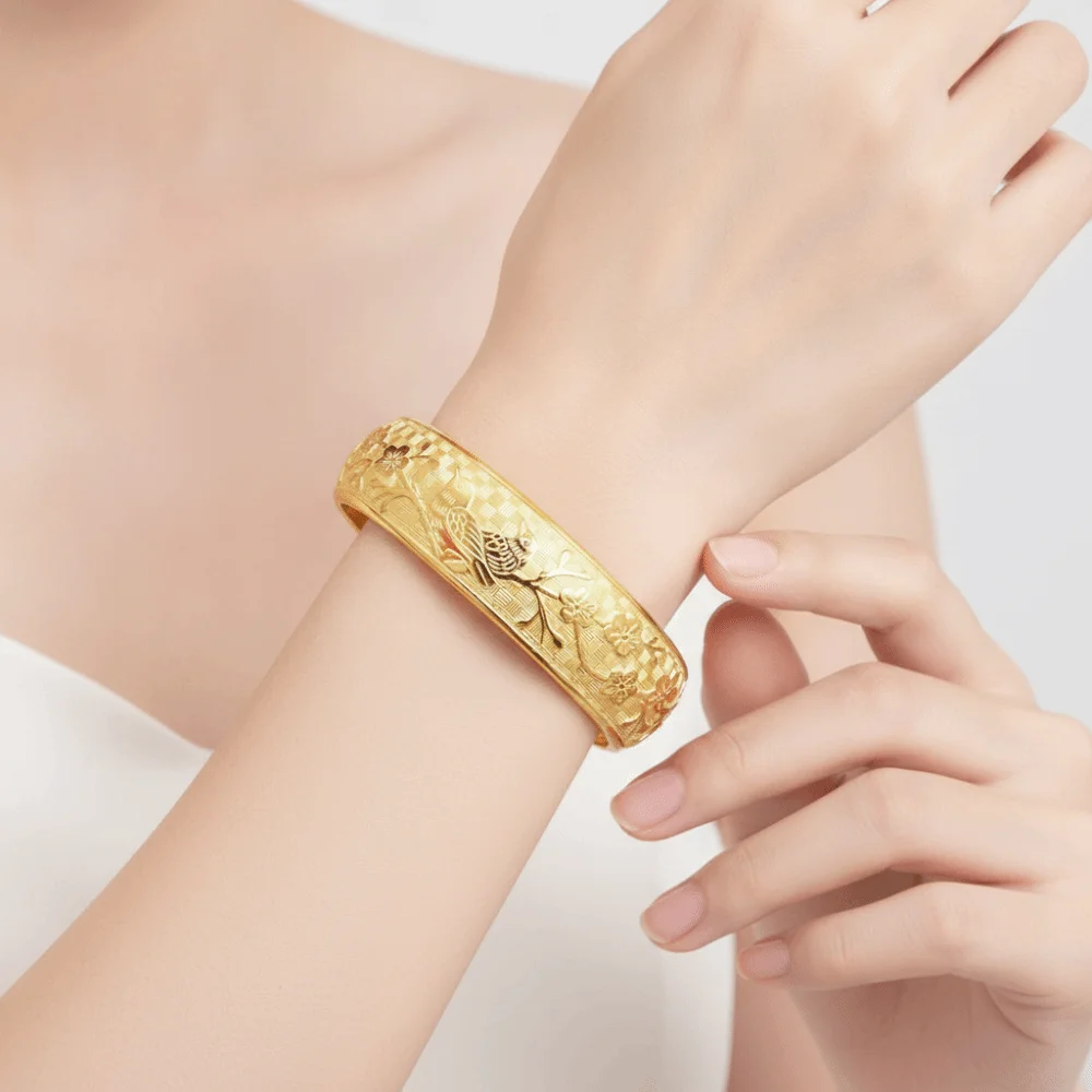 Engraved Plum Blossom Bracelet Adjustable Matte Gold Magpie Cuff Bangle Nickel Free Exquisite Auspicious Open Bangle