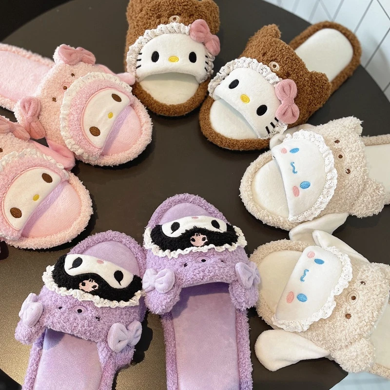 Sanrio Lovely Anime Slippers Kuromi My Melody Pom Pom Purin Cinnamoroll Indoor Home Shoes Cartoon Women Girl Slippers Flat