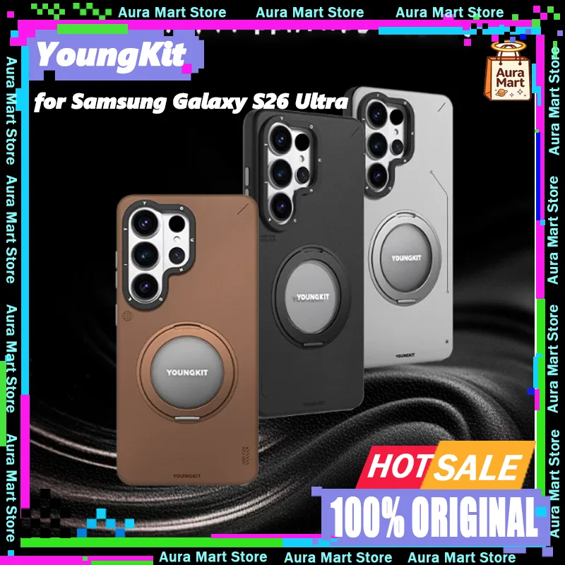 YoungKit Tech Leather Case for Samsung Galaxy S26 Ultra, Magnetic Frosted Shockproof Cover with Built-in Stand