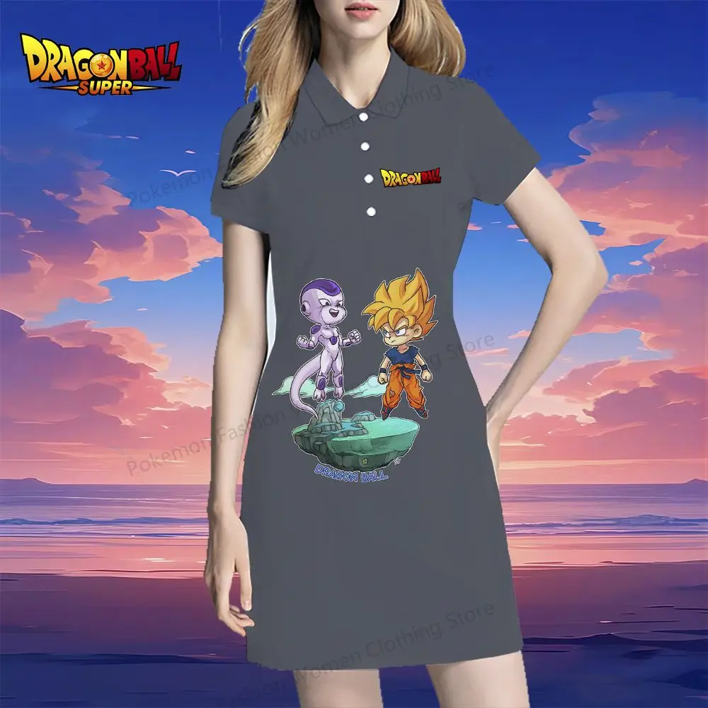 Kakarotto Dragon Ball Women's Polo Shirt Dresses Y2k S-2XL Kawaii Street Wear Youthful Woman Clothes V Neck Summer 2024 Dress