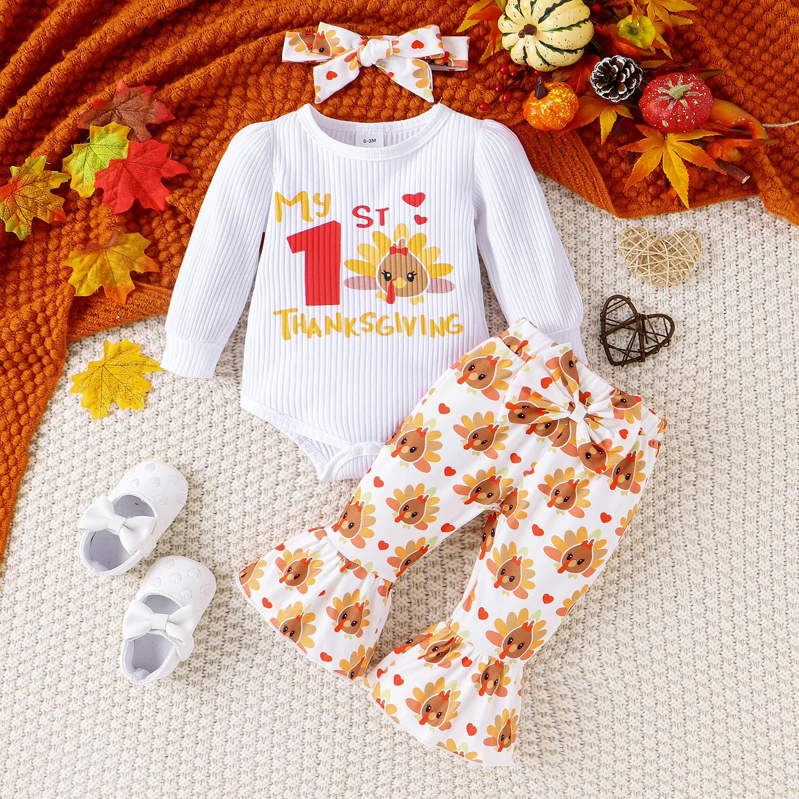 

Baby Girl Thanksgiving Outfits Letter Ribbed Long Sleeve Rompers Turkey Print Flare Pants Headband 3Pcs Fall Clothes Set