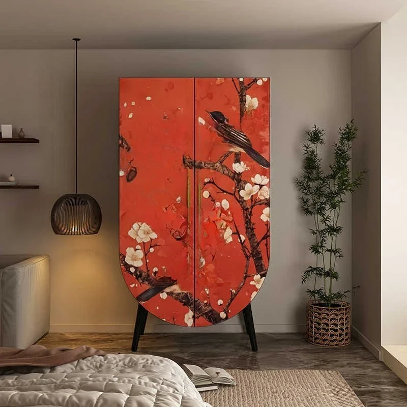 Medieval flower and bird painted door wardrobe, living room wall storage bookcase