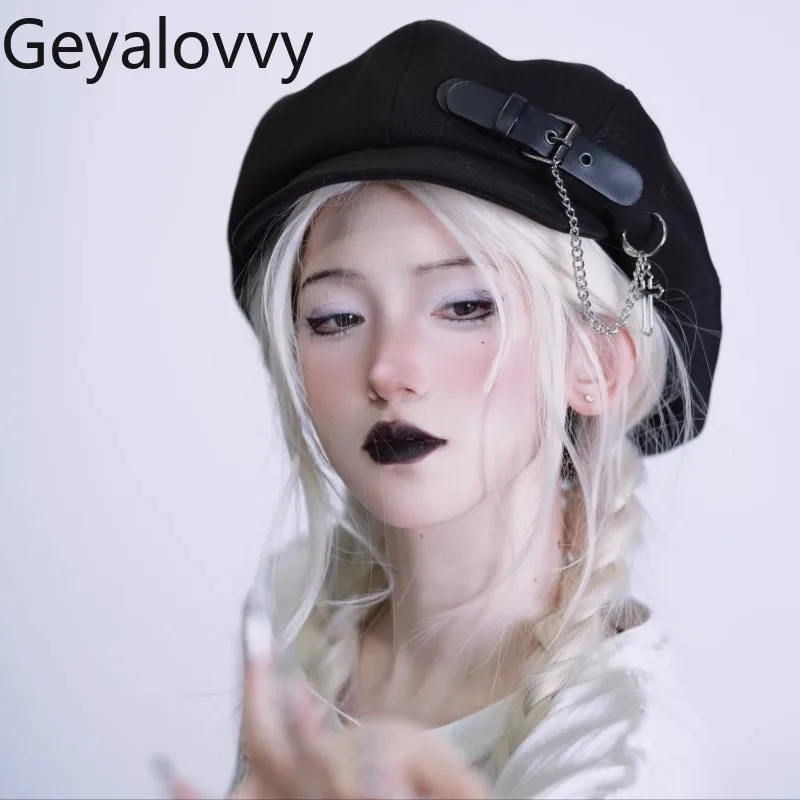 

Japanese Original Handmade Leather Buckle Chain Beret Caps Autumn and Winter Warm Black Sweet Girls Casual Versatile Hat