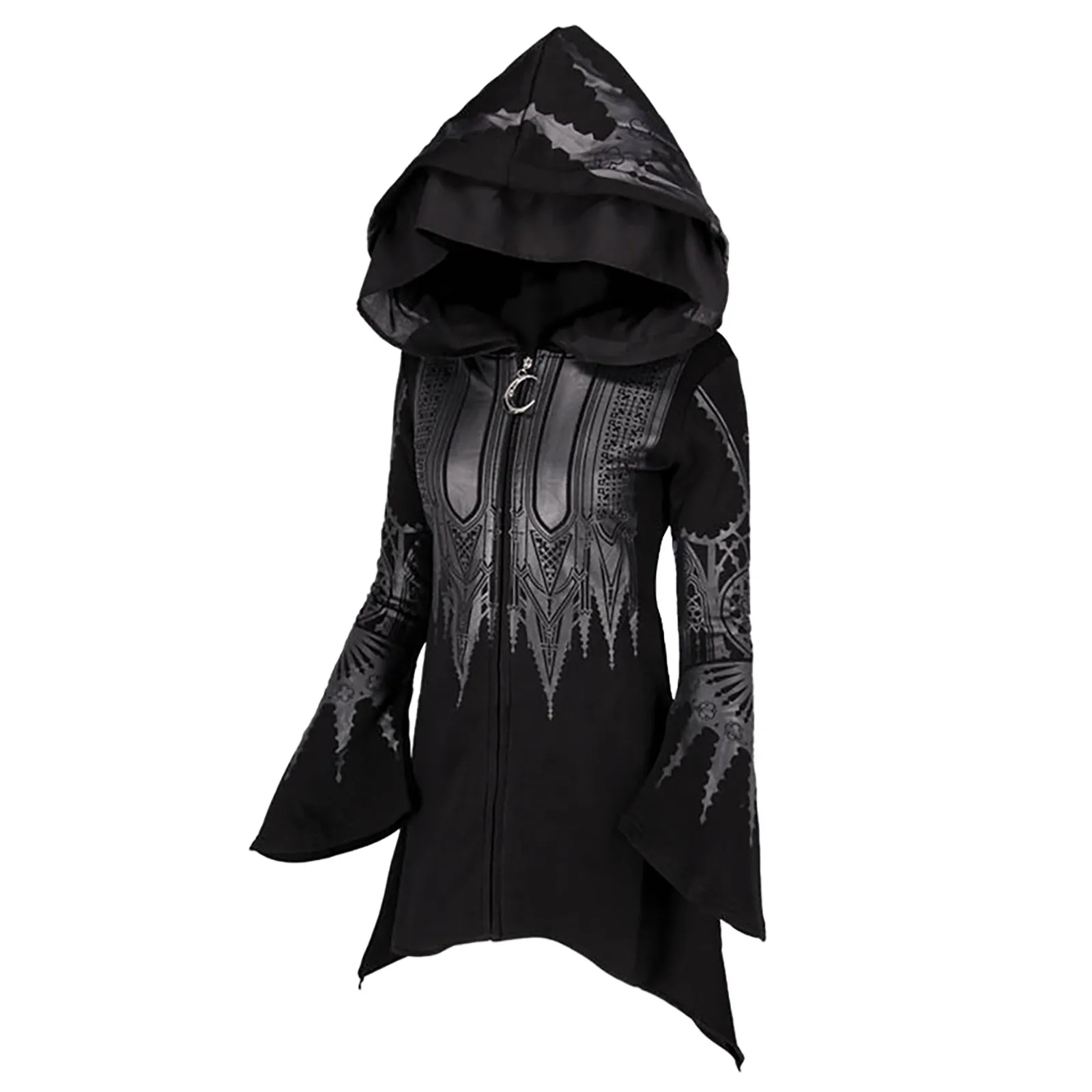 Halloween Sweatshirt Dark Punk Gothic Print Black Long Hooded Sweatshirt Leather Cutout Long Sleeve Cosplay Y2k Sweatshirt Robe