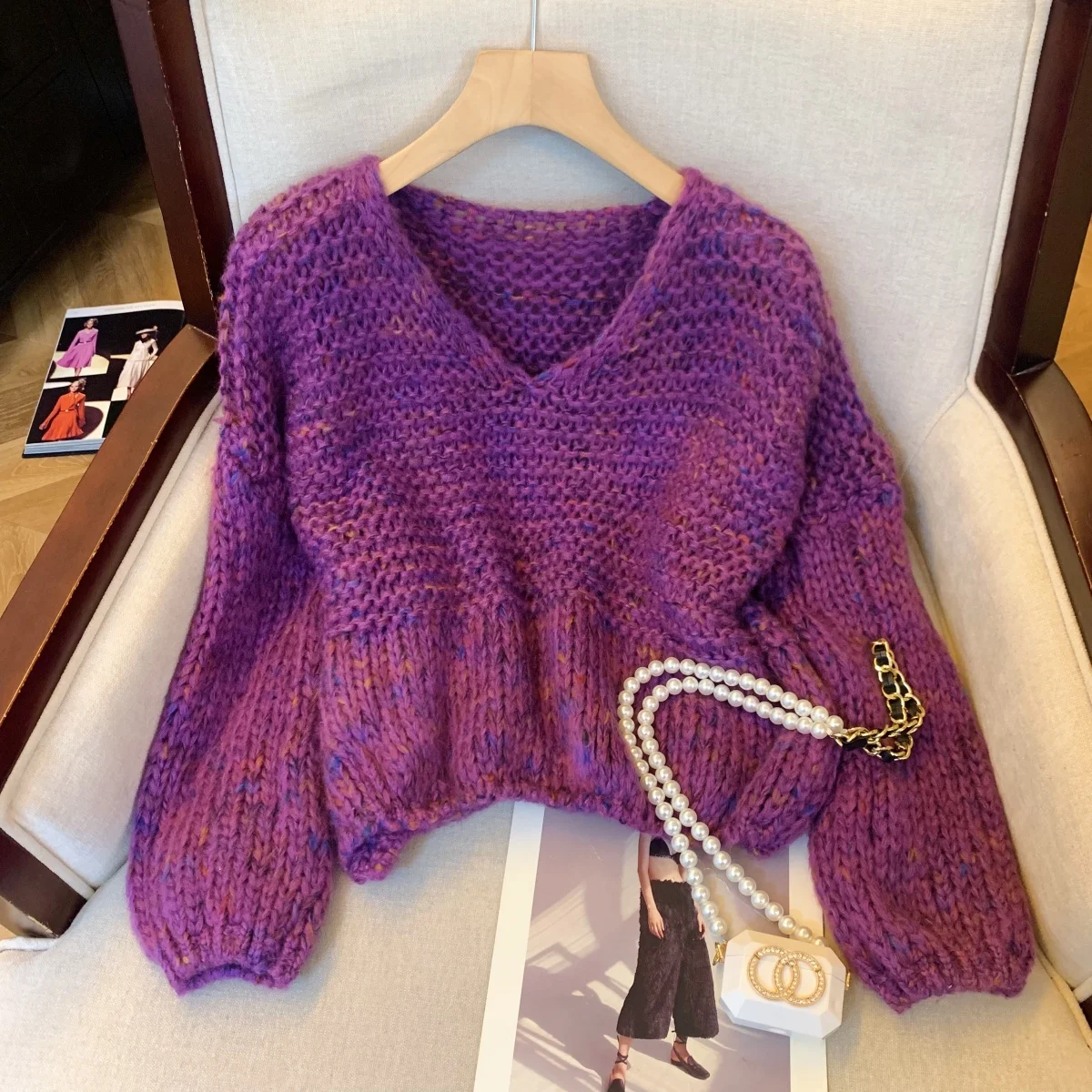 

Женский фиолетовый пуловер, свитер, винтажный японский джемпер Y2k, трикотаж, кашемировый свитер с длинными рукавами и v-образным вырезом, осенняя одежда 2000-х годов