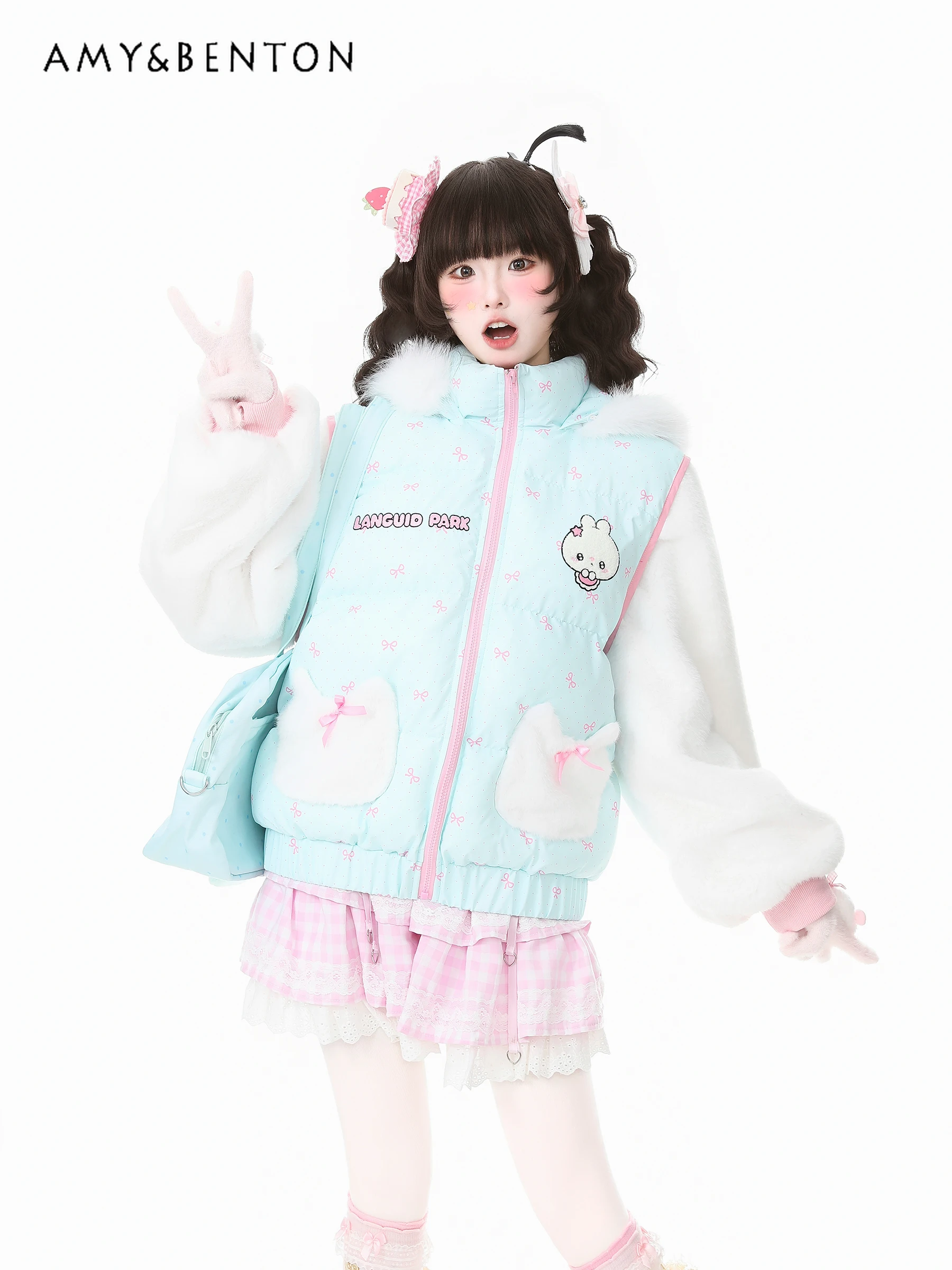 

Winter New Sweet Cute Plush Bow Warm Cartoon Embroidered Cotton Jacket Women’s Pink Fleece-Lined Long Pants Short Lace Skirt