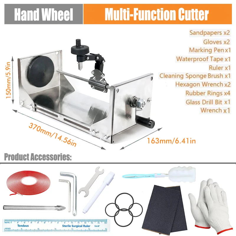 Cortador de botellas de vidrio con volante manual DIY, herramienta profesional de corte de vidrio para botellas cuadradas, redondas y cuello de botella con accesorios