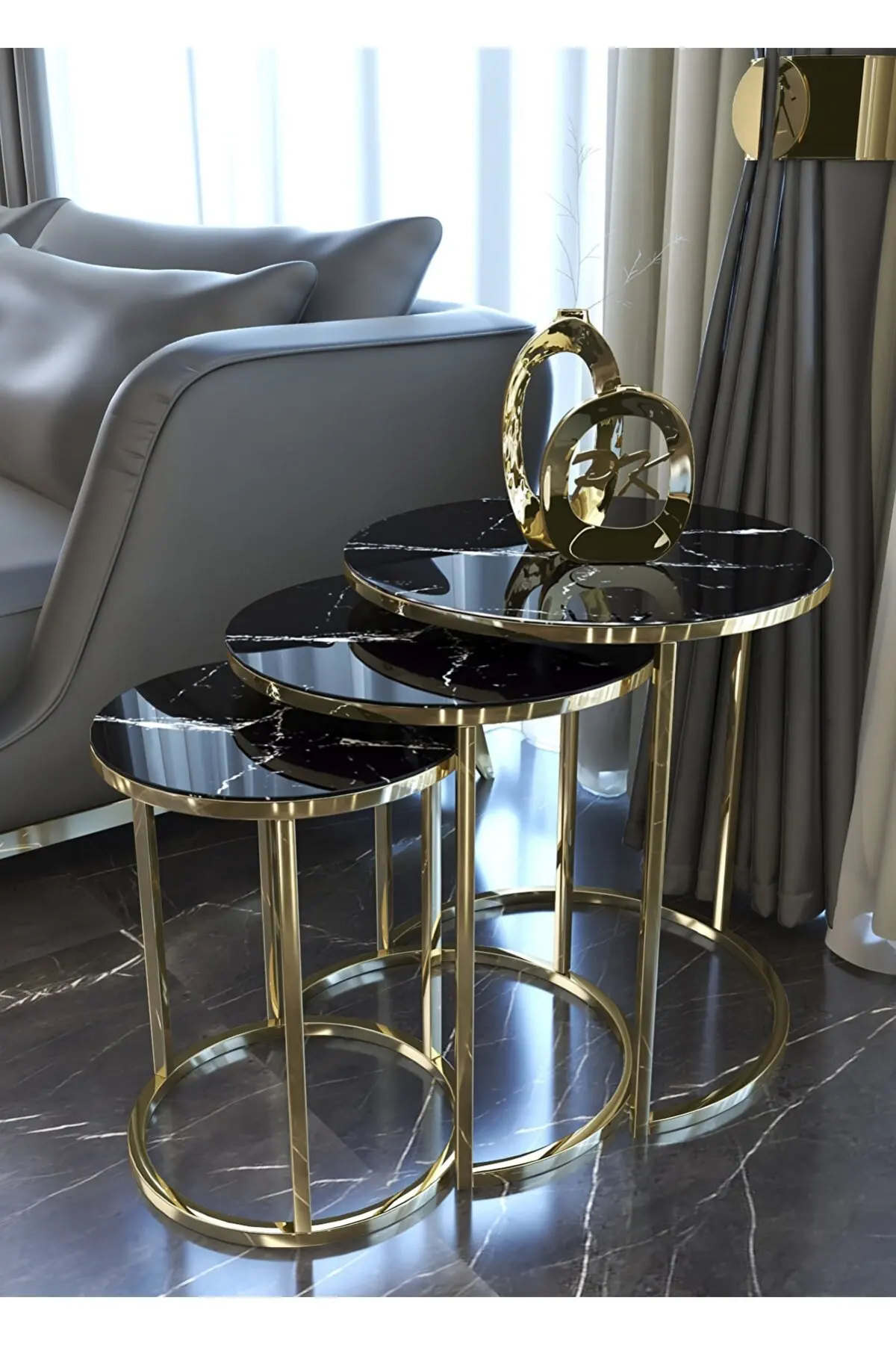 Gold Metal Nelling Table Unbreakable Black Glass 3 Piece Scandinavian Side Table Tea Coffee Service Table Round Living Room Beds