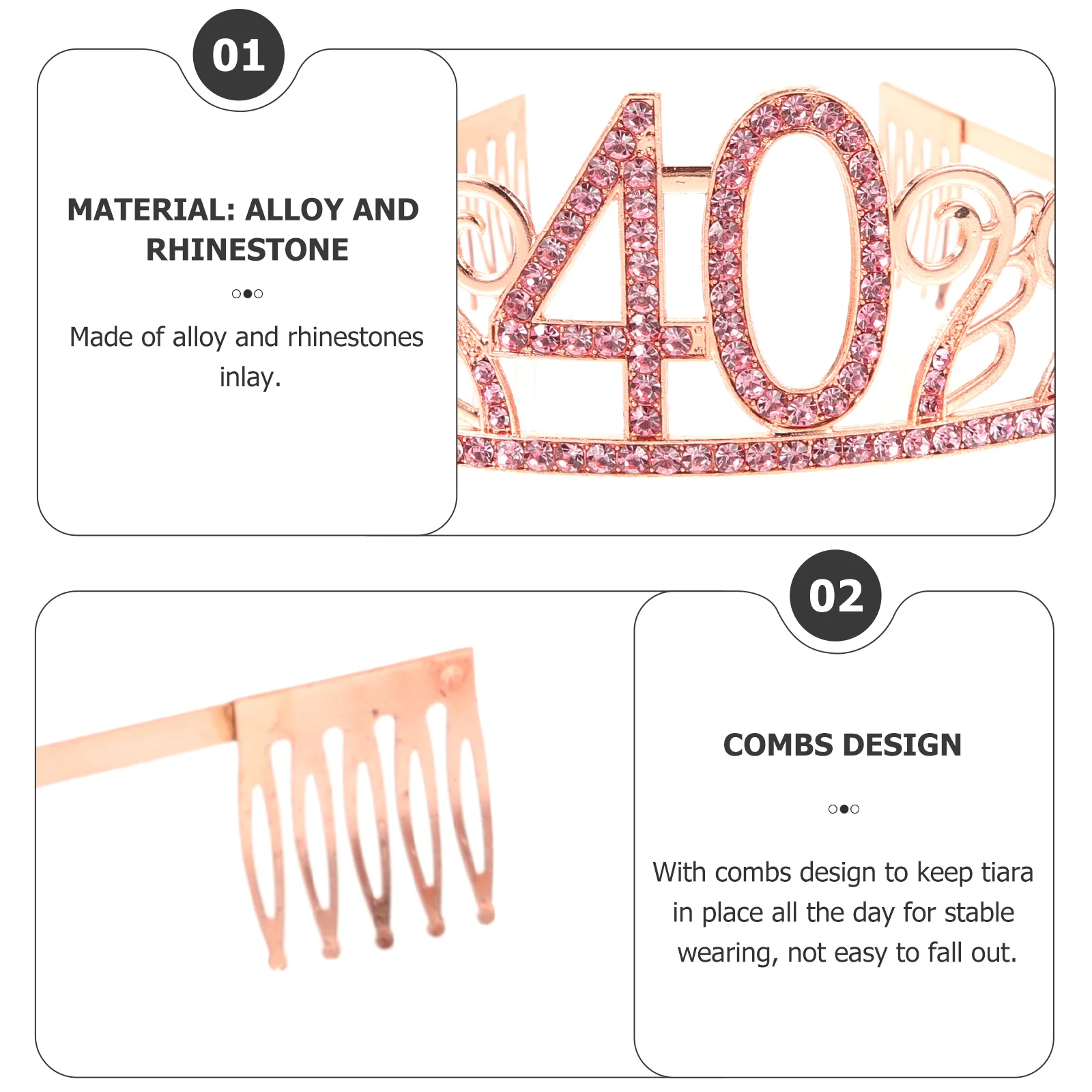 

Rose Gold 40th Birthday Crystal Rhinestone Tiara Queen Crown Headband Dance Party Hair Accessory Gift for Women