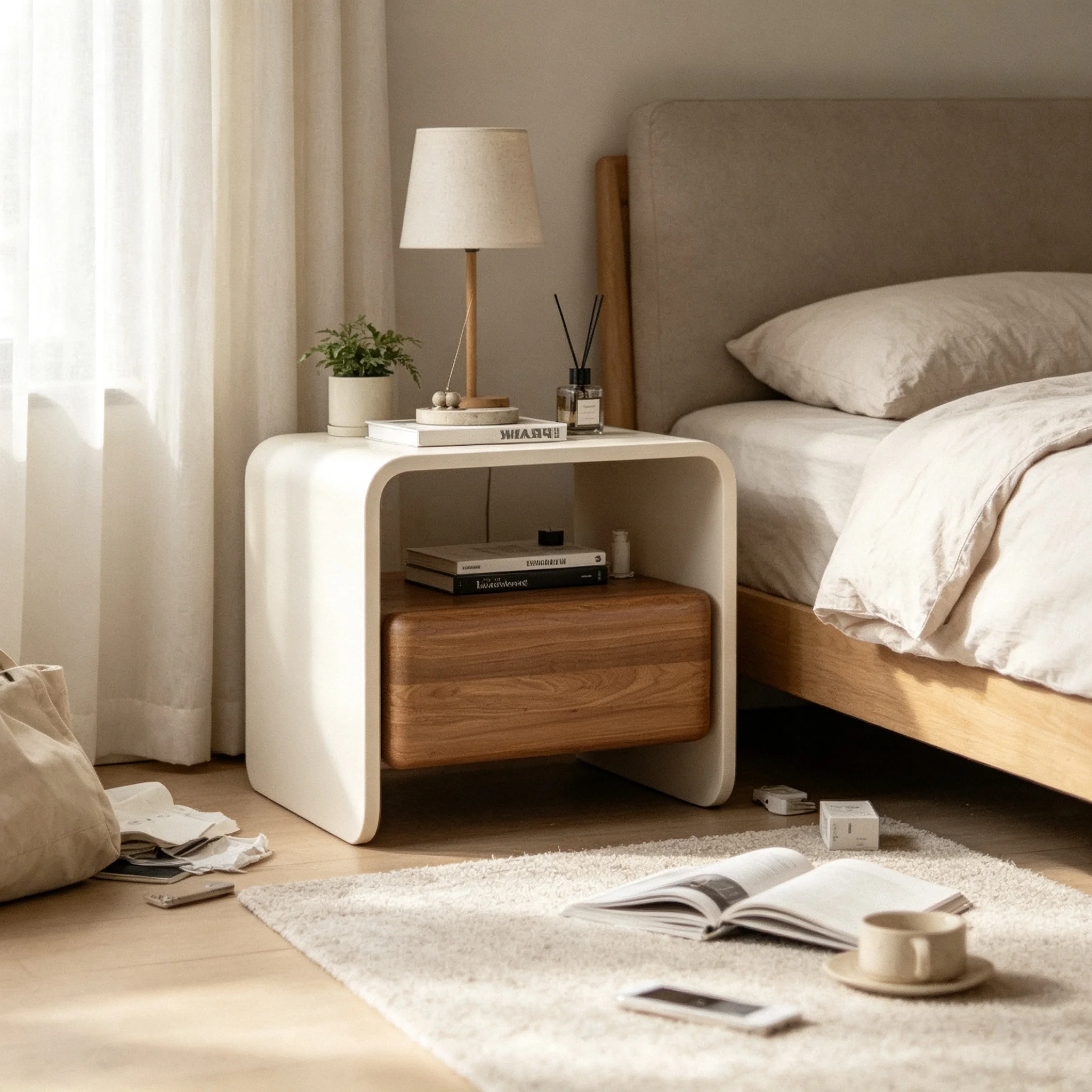 AOLIVIYA Curved Italian Solid Wood Nightstand Bedside Storage Cabinet Modern Master Luxury