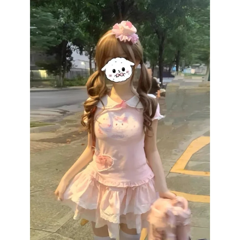 Japanese Kawaii Lace Patchwork T-shirt Women Cartoon Printing Y2k Aesthetic Graphic T Shirts Harajuku Sweet Bow Tops Cute Tees